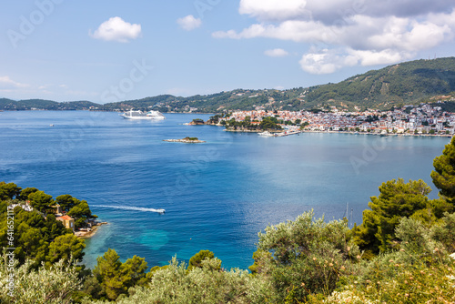 Fototapeta Naklejka Na Ścianę i Meble -  Skiathos town with cruise ship vacation at the Mediterranean Sea Aegean island in Greece
