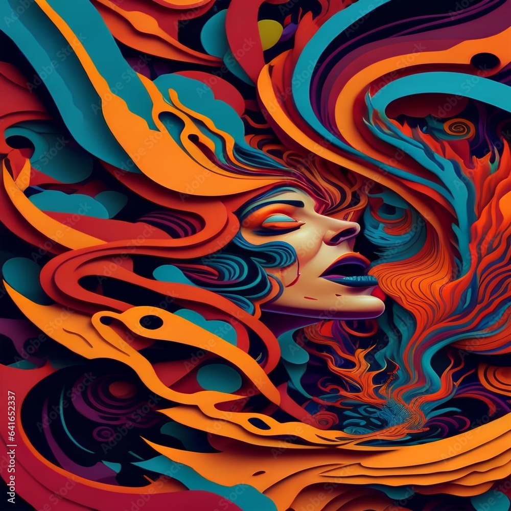 A chaotic swirl of vibrant colors and shapes, depicting the inner turmoil of a women struggling with a mental