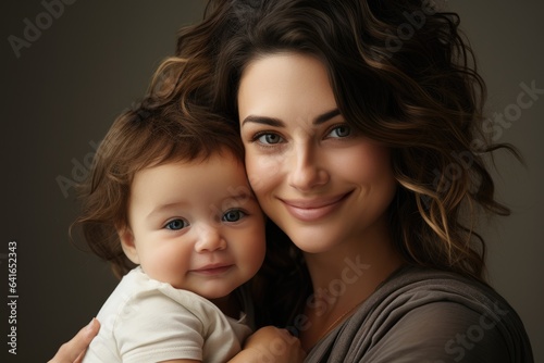 Pretty woman holding baby in her hands. Bright portrait of loving mom carying of her child at home.