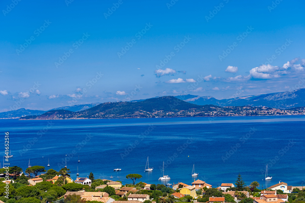 Aerial view of Mediterranean Sea seen from viewpoint of village of Giens on a sunny late spring day. Photo taken June 8th, 2023, Giens, Hyères, France.