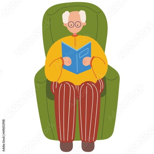 Old man reading book flat illustration