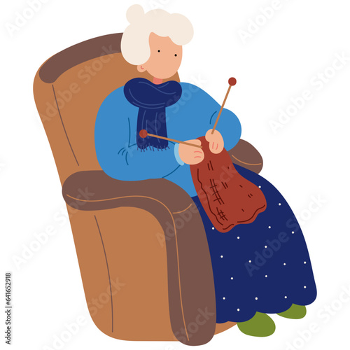Old woman knitting flat illustration