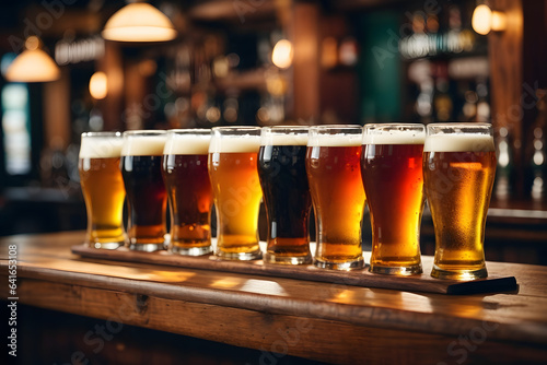 Glasses with craft beer on wooden bar. Tap beer in pint glasses arranged in a row. Closeup of five glasses of different types of draught beer in a pub. Image created using artificial intelligence.