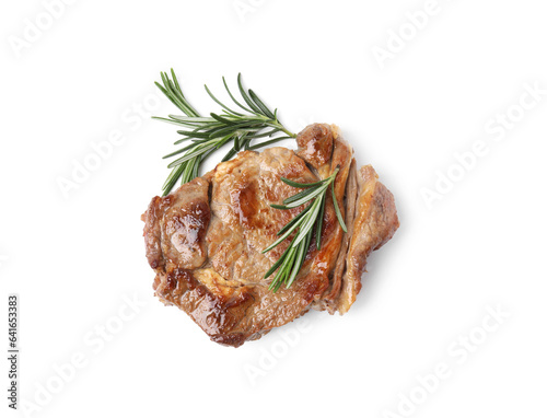 Delicious fried meat with rosemary on white background, top view