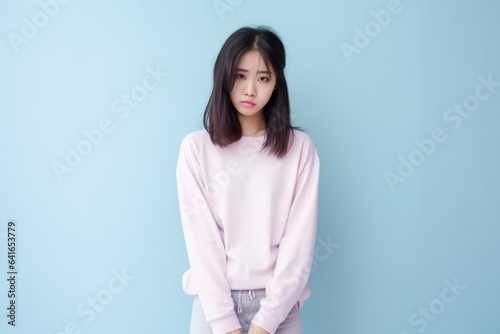Sadness Asian Girl In A White Jeans On Pastel Background. Сoncept , Sadness And Asian Identity, , Representation Of Girls In Media, , Mental Health Awareness, , Color Psychology And Pastels photo