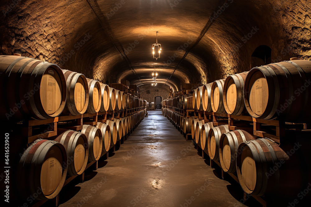Within a rustic cellar, rows of oak barrels silently age, preserving the essence of the new grape harvest Within a rustic cellar, rows of oak barrels silently age, preserving the essence of the new grape harvest