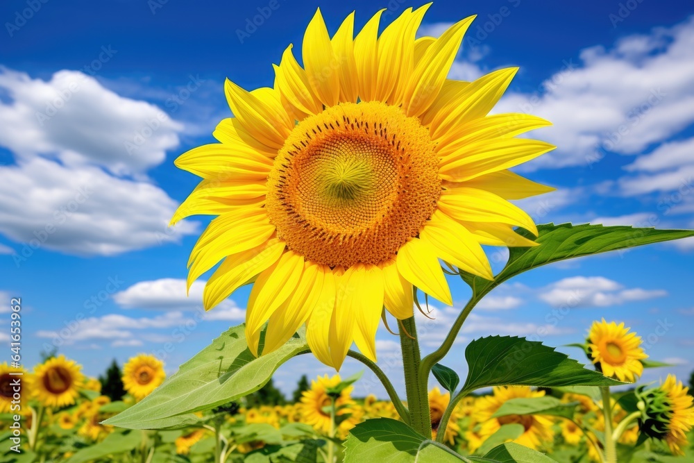 Sunflowers field and blue sky with white clouds. Beautiful agriculture field with yellow flowers. Rural landscape close-up. Sunflowers field and blue sky with white clouds. Beautiful agriculture field with yellow flowers. Rural landscape close-up.