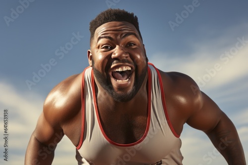 Overweight African Man Track And Field In A Singlet And Shorts On White Background . Сoncept Overweight African Men In Sports, Overweight Individuals In Track And Field, Clothing In Sports