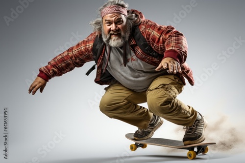 Overweight Man Skateboarding In Skateboarding Apparel On White Background . Сoncept Skateboarding Apparel, Overweight Lifestyle, Action Photography, Skateboarding Trick Tips