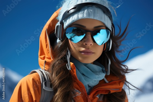 Asian Woman Skiing In Ski Gear Jacket Pants On Ligth Blue Backgound . Сoncept Sport Skiing, Women In Sports, Asian Women, Jackets Pants © Ян Заболотний