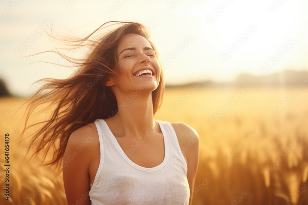Happiness European Woman In A White Tank Top On Nature Landscape Background . Сoncept European Women In Nature, Finding Happiness, White Tank Tops, Landscape Backgrounds