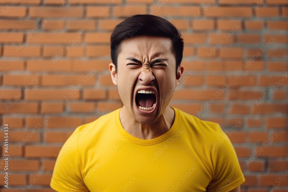 Anger Asian Man In A Yellow Tshirt On Brick Wall Background. Сoncept Asian Representation In Western Media, Anger Management Strategies, Representation Of Emotion In Clothing, Color Psychology - obrazy, fototapety, plakaty 