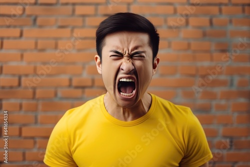Anger Asian Man In A Yellow Tshirt On Brick Wall Background. Сoncept Asian Representation In Western Media, Anger Management Strategies, Representation Of Emotion In Clothing, Color Psychology