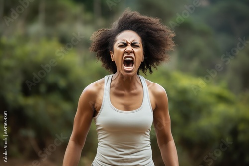 Anger African Woman In A Beige Tank Top On Nature Landscape Background. Сoncept Afrodescendant Women In Nature, Managing Anger, The Power Of The Tank Top, The Beauty Of The African Landscape photo