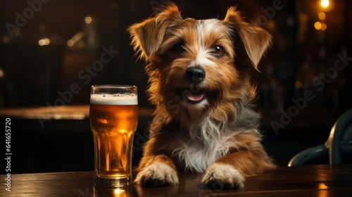 Photographie Dog enjoying a pub with beer