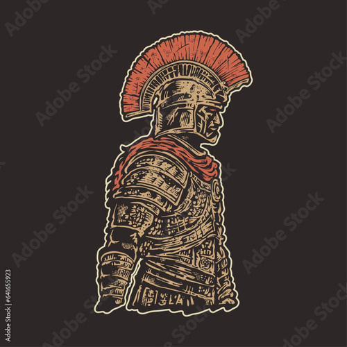 an illustration of a roman soldier with a red helmet vintage old stamp style illustration