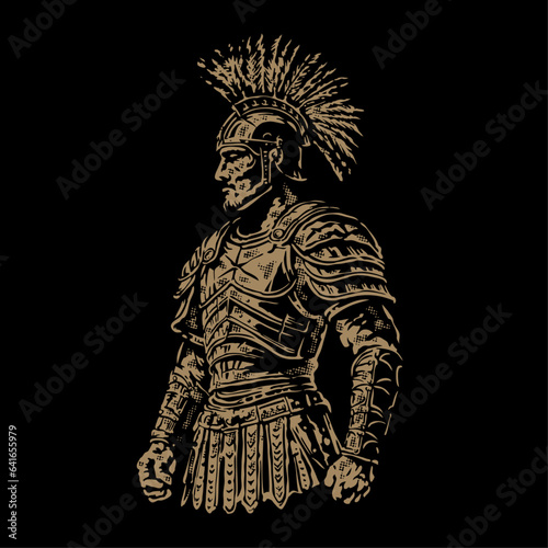 an illustration of a spartan warrior in gold color with a vintage old stamp illustration