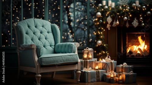 Cozy chair by a warm fireplace, Christmas holidays © karandaev