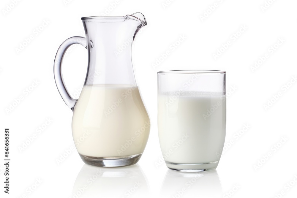 Glass jug of milk and glass of milk isolated on white background Glass jug of milk and glass of milk isolated on white background