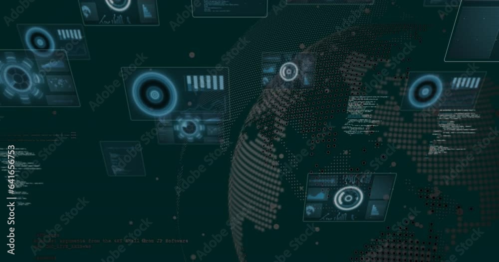 Animation of globe rotating and screens with scanning circles, graphs over programming languages