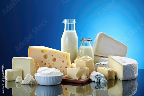 Various dairy products - milk, cream, cheesse on blue  background
