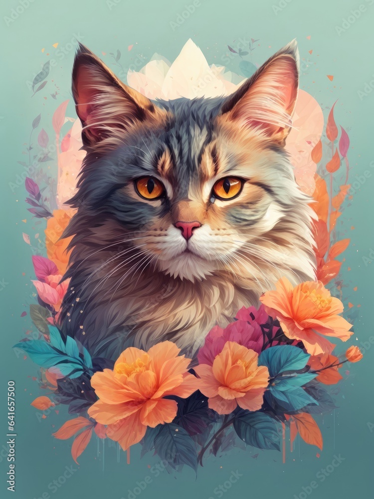 Artistic portrait of a beautiful cat with flowers. Generative AI Artistic portrait of a beautiful cat with flowers. Generative AI
