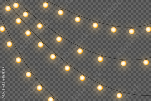 Festive Christmas light gold garlands PNG. Decor element for postcards, invitations, backgrounds, business cards. Winter new collection 2023.