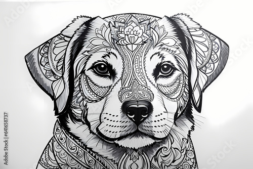 Printable coloring page of cute dog on white background - mandala theme. Image created using artificial intelligence. photo