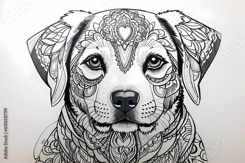 Printable coloring page of cute dog on white background - mandala theme. Image created using artificial intelligence.