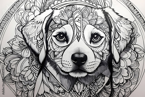 Printable coloring page of cute dog on white background - mandala theme. Image created using artificial intelligence.