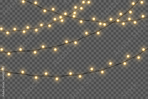 Festive Christmas light gold garlands PNG. Decor element for postcards, invitations, backgrounds, business cards. Winter new collection 2023.