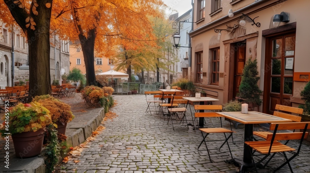 Cozy autumn cafe terrace with cobblestones and leaves