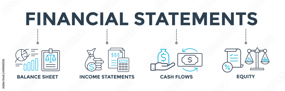 Financial statements banner web icon vector illustration concept with icon of graph, balance sheet, pie chart, income statements, money, calculator, income, earning, cash flow, equity, and balance Financial statements banner web icon vector illustration concept with icon of graph, balance sheet, pie chart, income statements, money, calculator, income, earning, cash flow, equity, and balance