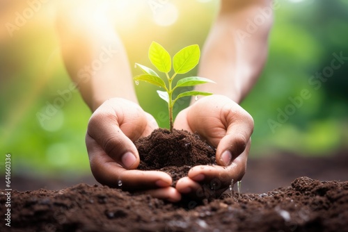 Hands holding green seedling in soil. Care of Environment. Ecology concept. Young plant grows in sunlight. Small sprout in springtime.