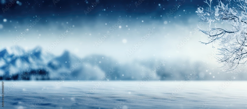 A background image, showcasing a wide open snow-covered landscape, accompanied by frozen branches that create a wintry atmosphere. Photorealistic illustration, Generative AI