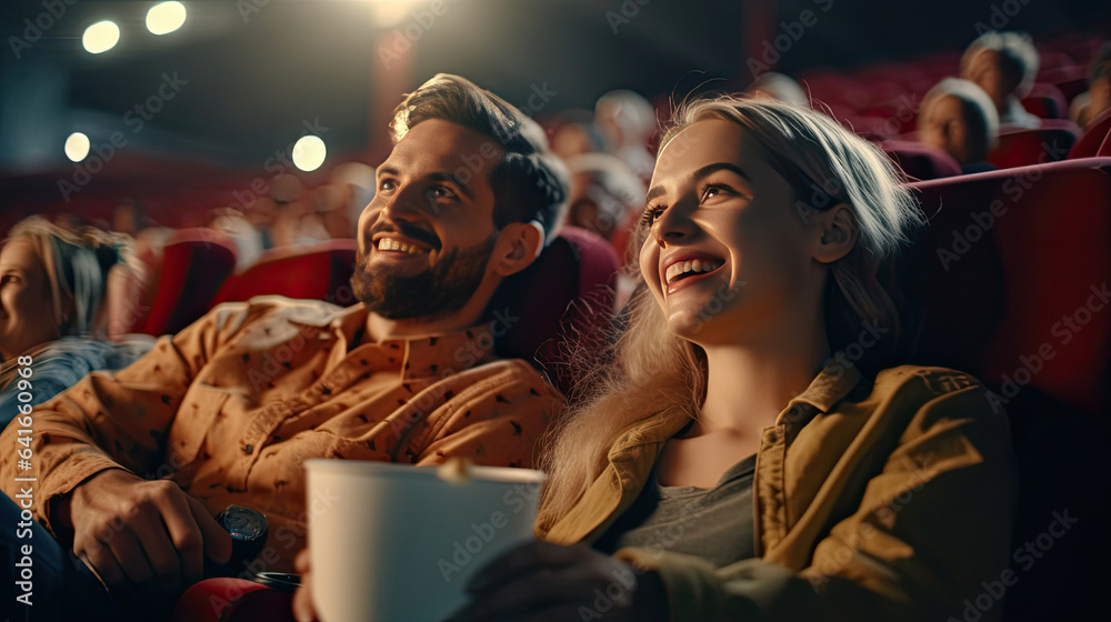 A young joyful couple in the cinema, watching an exciting movie. Cinema concept. Generative Ai