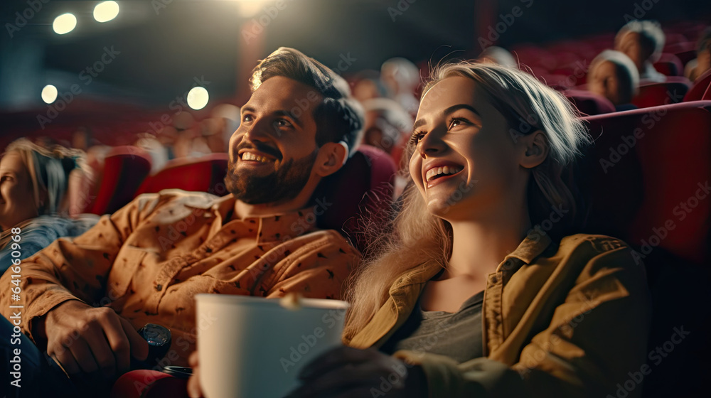 A young joyful couple in the cinema, watching an exciting movie. Cinema concept. Generative Ai A young joyful couple in the cinema, watching an exciting movie. Cinema concept. Generative Ai