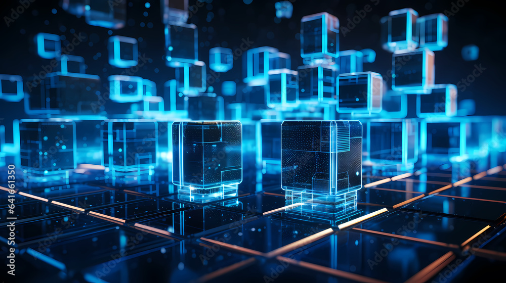 Fototapeta premium Technology blue cubes particles. abstract baxkground
