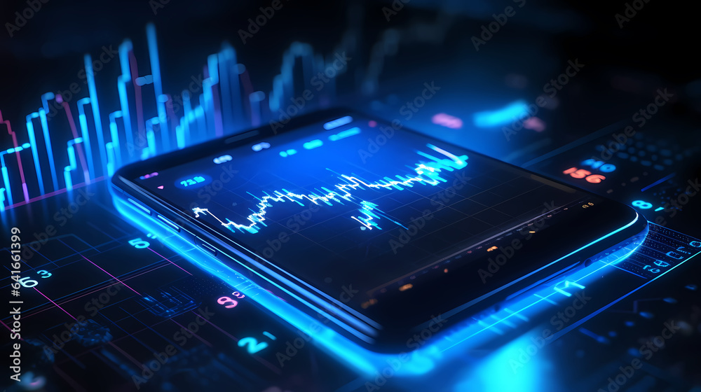Stocks trading, graphics down on the smartphone, blue graphics Stocks trading, graphics down on the smartphone, blue graphics