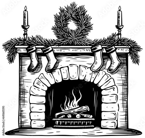 Christmas Fireplace Woodcut