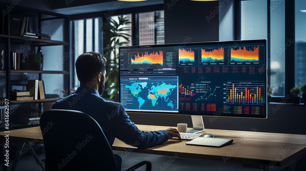 Concept digital transformation technology strategy, Analyst working with Business, Analytics and Data Management System on computer, make a report with KPI and metrics connected to database. Corporate