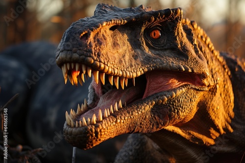Prehistoric dinosaur Tyrannosaurus rex on the background of ancient world. © DenisNata