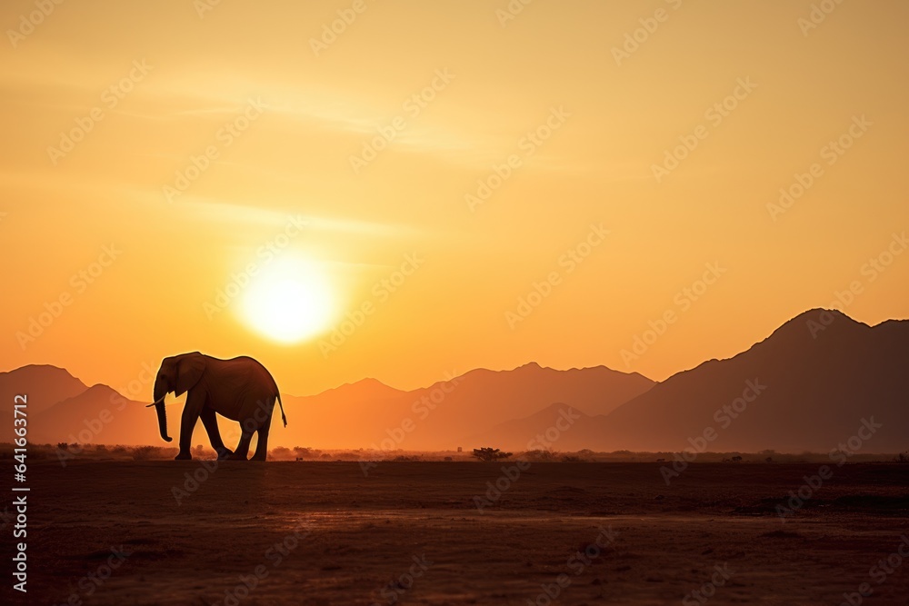Fototapeta premium One adult African Elephant in the plains at sunset