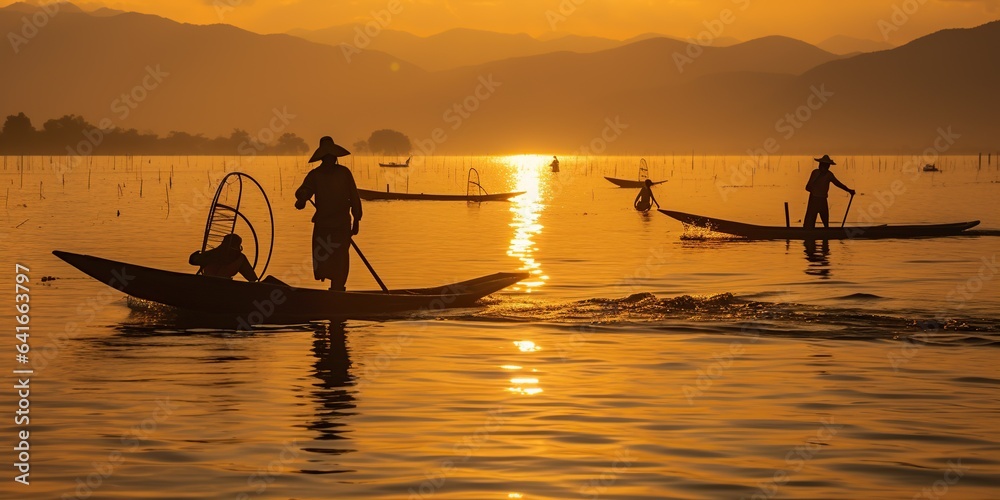 Myanmar Inle people fishing at sunset