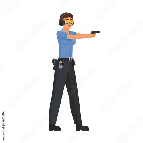 Policewoman training shooting. Female police officer with pointing gun cartoon vector illustration