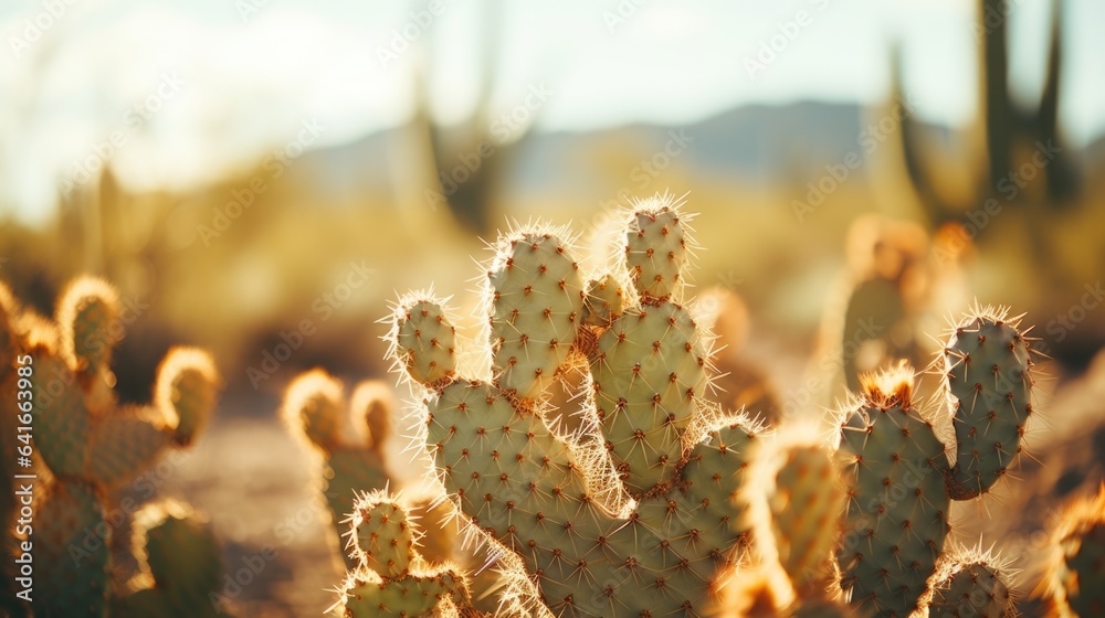Hardy desert cacti and succulent plants thriving in hot dry sun, climate resilient, uninhabited region - generative AI 