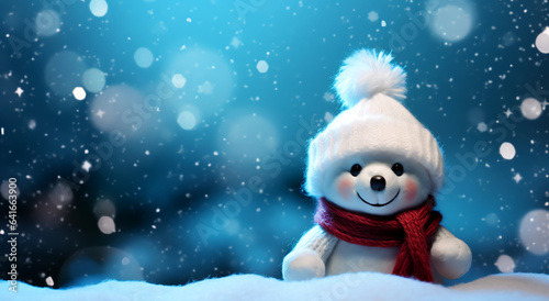 Cute polar bear stuffed animal christmas holiday winter banner with copyspace. Generative ai