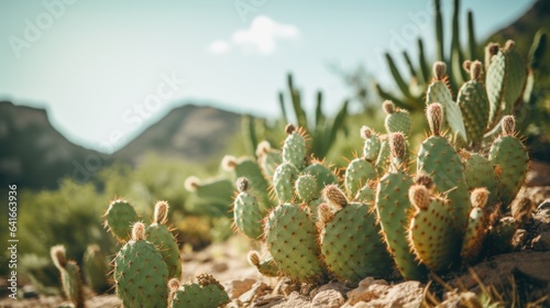 Hardy desert cacti and succulent plants thriving in hot dry sun  climate resilient  uninhabited region - generative AI 