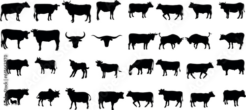 Cow Silhouette vector illustration featuring  cow silhouettes in various poses and sizes against a white background. Perfect for farm, agriculture, and animal-related designs