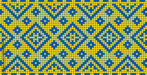 Vector illustration of Ukrainian ornament in ethnic style, identity, vyshyvanka, embroidery for print clothes, websites, banners. Background. Geometric design, border, copy space, frame